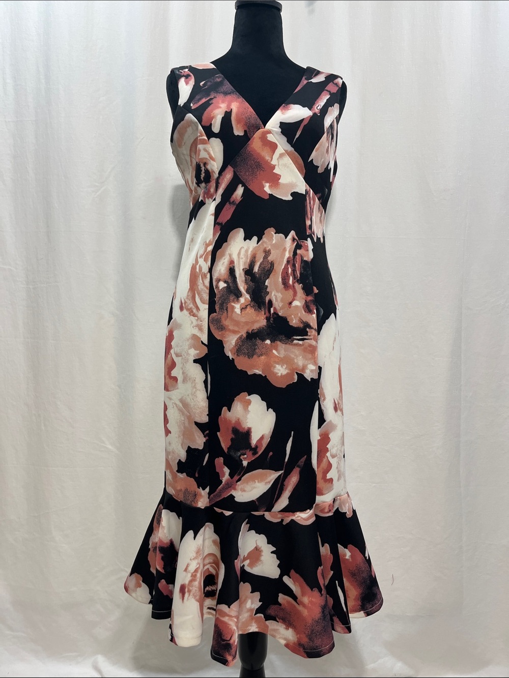 MARINA Black Midi Dress with Blush and Cream Floral Motif party trendy chic 1350